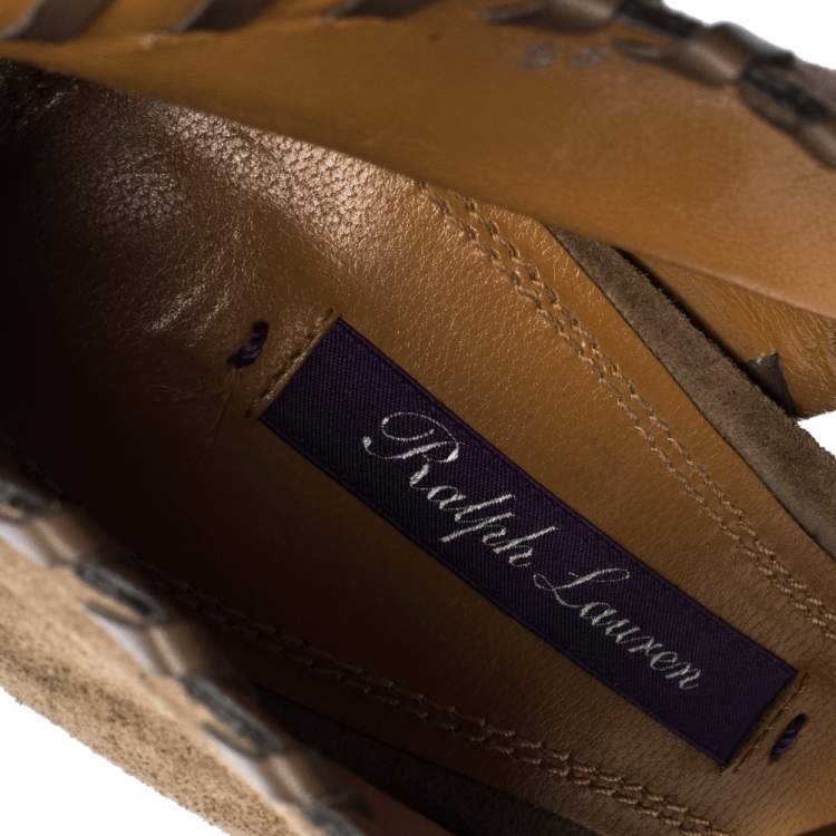 Pre Owned Ralph Lauren Brown Suede Whipstitch Tassel Lace Ankle Wrap Platform Sandals Size 36
