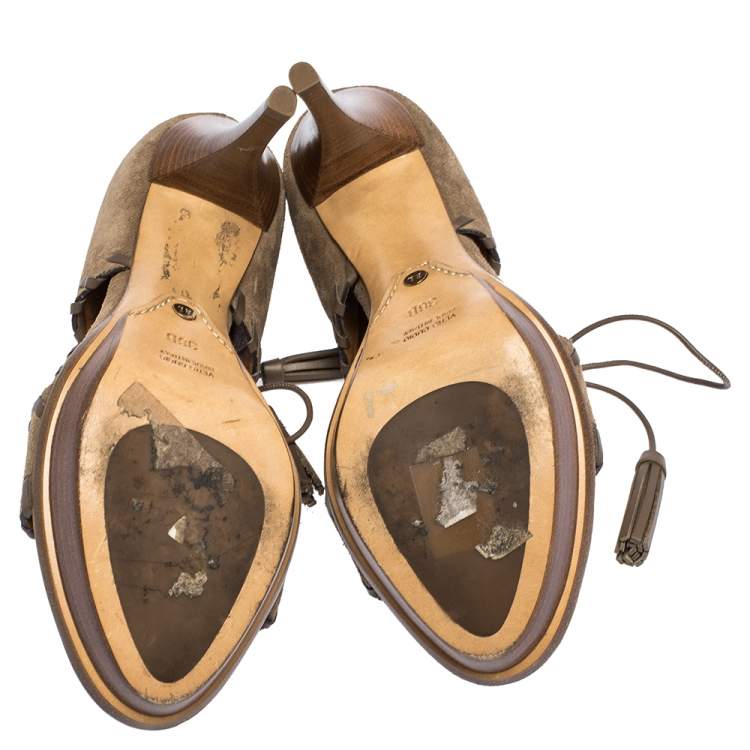 Pre Owned Ralph Lauren Brown Suede Whipstitch Tassel Lace Ankle Wrap Platform Sandals Size 36