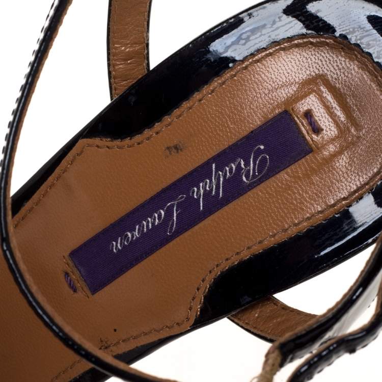 Pre Owned Ralph Lauren Black Patent Leather Ankle Strap Sandals Size 38.5