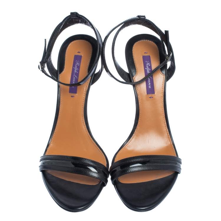 Pre Owned Ralph Lauren Black Leather And Patent Open Toe Ankle Strap Sandals Size 40.5