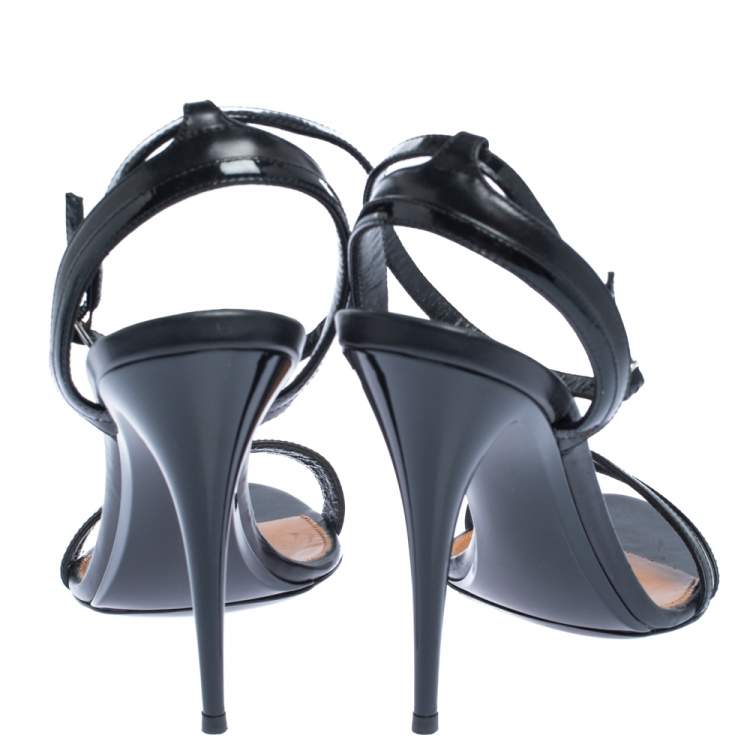 Pre Owned Ralph Lauren Black Leather And Patent Open Toe Ankle Strap Sandals Size 40.5