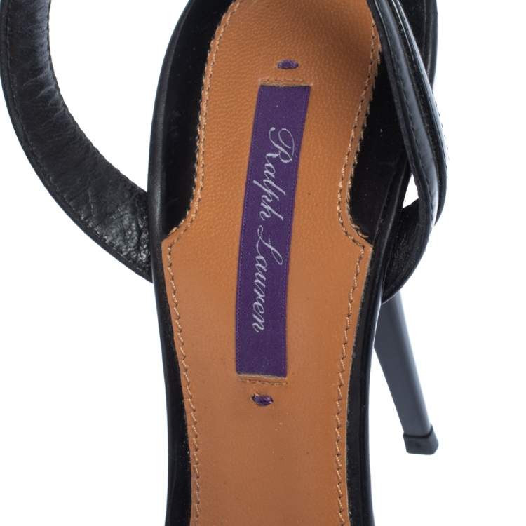 Pre Owned Ralph Lauren Black Leather And Patent Open Toe Ankle Strap Sandals Size 40.5