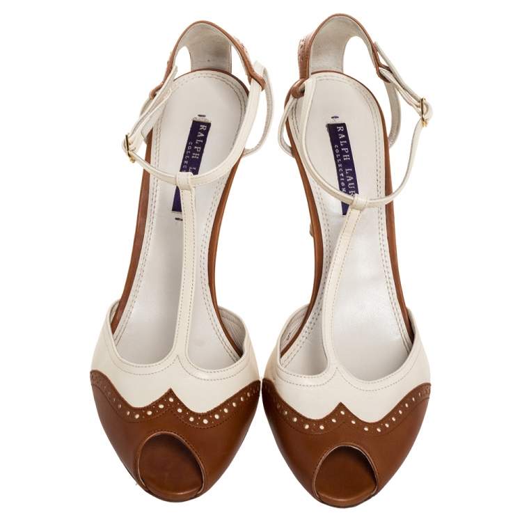 Pre Owned Ralph Lauren Two-Tone Brogue Leather Peep Toe Ankle Strap Sandals Size 40.5