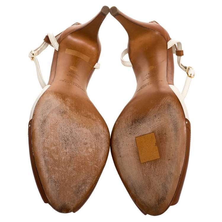 Pre Owned Ralph Lauren Two-Tone Brogue Leather Peep Toe Ankle Strap Sandals Size 40.5