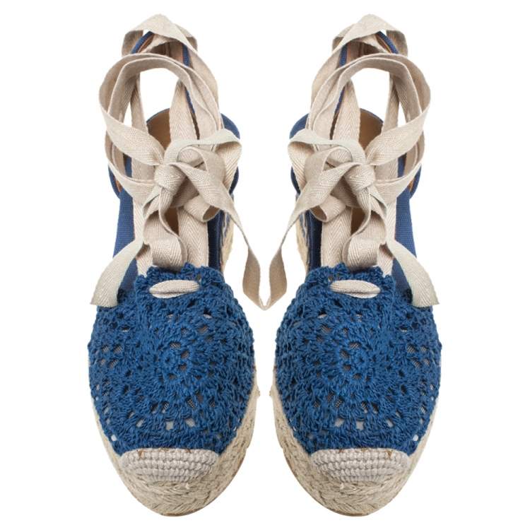 Pre Owned Ralph Lauren Blue Crochet Fabric Uma Espadrille Wedge Ankle Wrap Platform Sandals Size 37