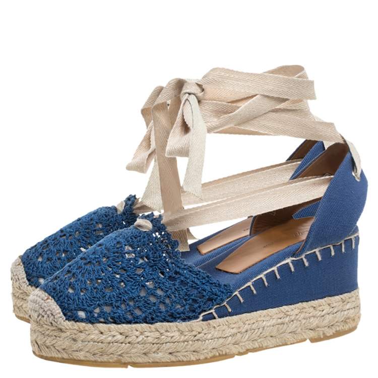 Pre Owned Ralph Lauren Blue Crochet Fabric Uma Espadrille Wedge Ankle Wrap Platform Sandals Size 37