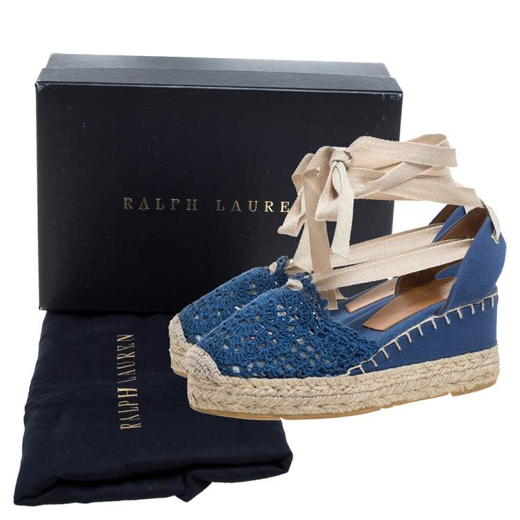 Pre Owned Ralph Lauren Blue Crochet Fabric Uma Espadrille Wedge Ankle Wrap Platform Sandals Size 37