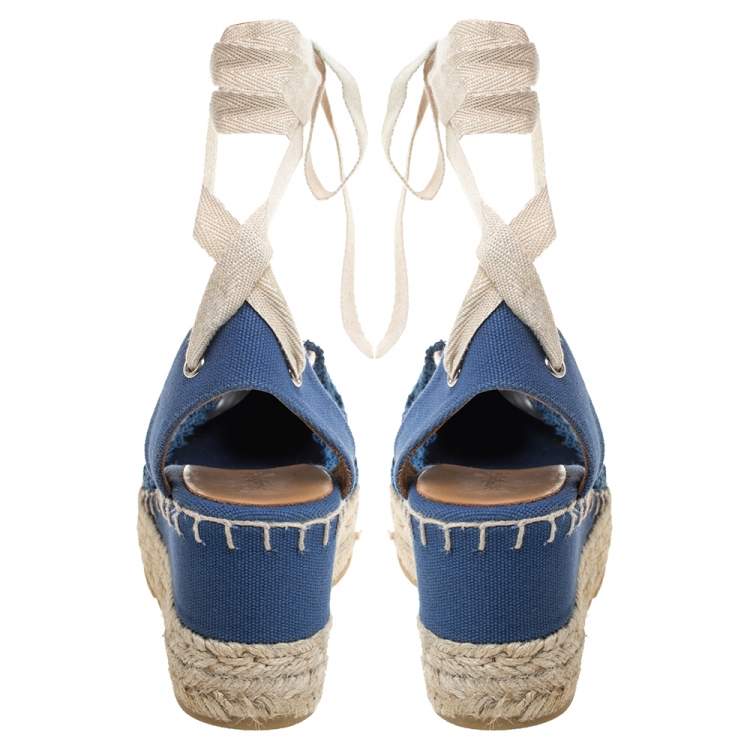 Pre Owned Ralph Lauren Blue Crochet Fabric Uma Espadrille Wedge Ankle Wrap Platform Sandals Size 37