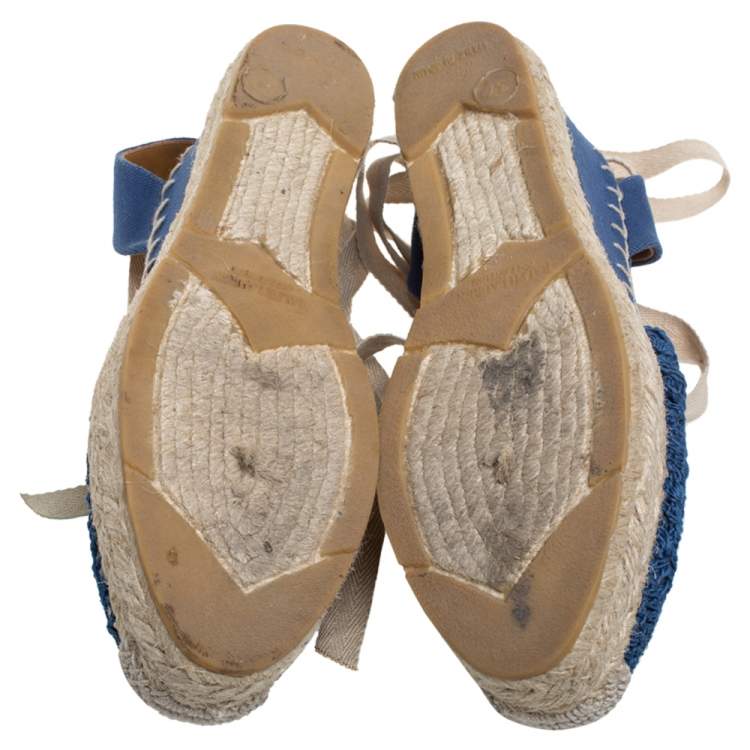 Pre Owned Ralph Lauren Blue Crochet Fabric Uma Espadrille Wedge Ankle Wrap Platform Sandals Size 37