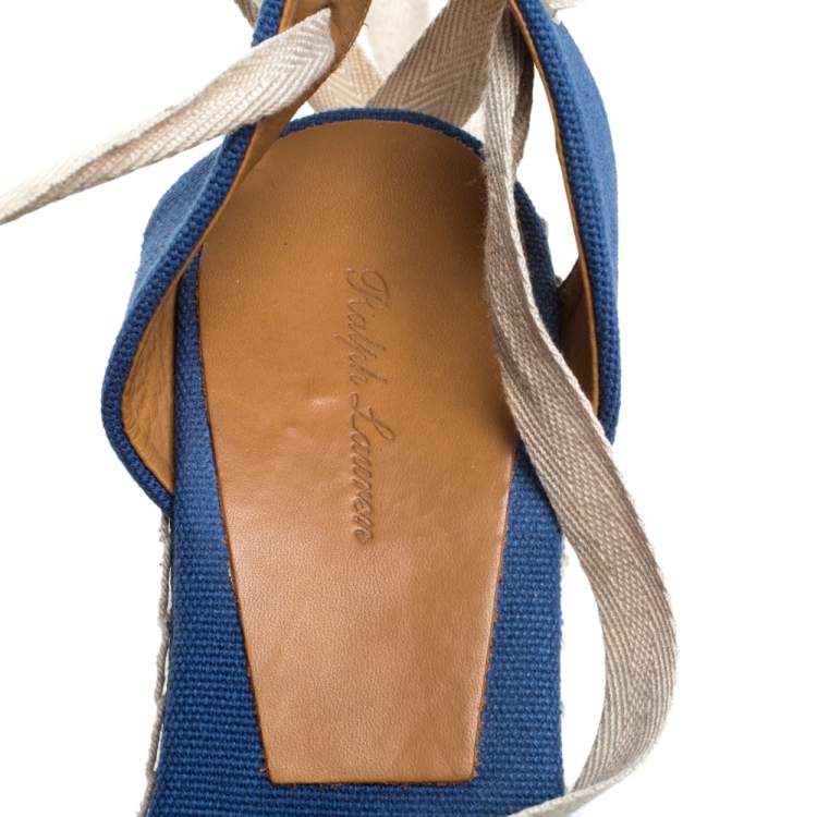 Pre Owned Ralph Lauren Blue Crochet Fabric Uma Espadrille Wedge Ankle Wrap Platform Sandals Size 37