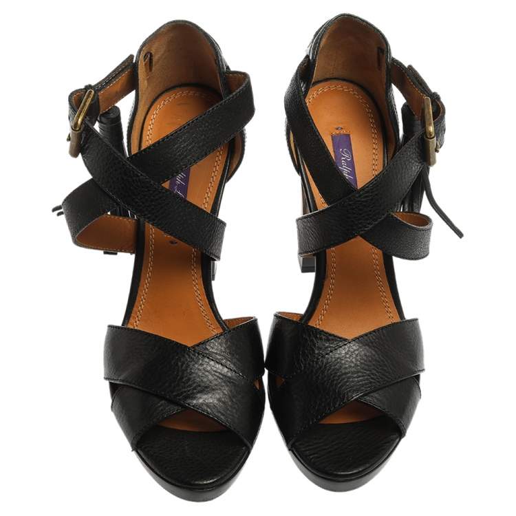Pre Owned Ralph Lauren Black Leather Criss Cross Ankle Strap Sandals Size 38