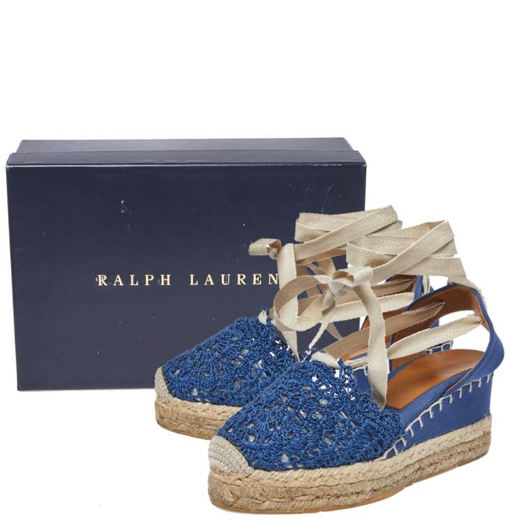 Pre Owned Ralph Lauren Blue Crochet Fabric Uma Espadrille Wedge Ankle Wrap Platform Sandals Size 38