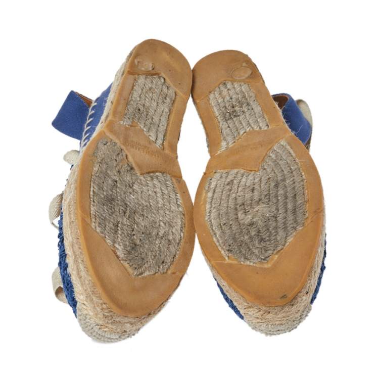 Pre Owned Ralph Lauren Blue Crochet Fabric Uma Espadrille Wedge Ankle Wrap Platform Sandals Size 38