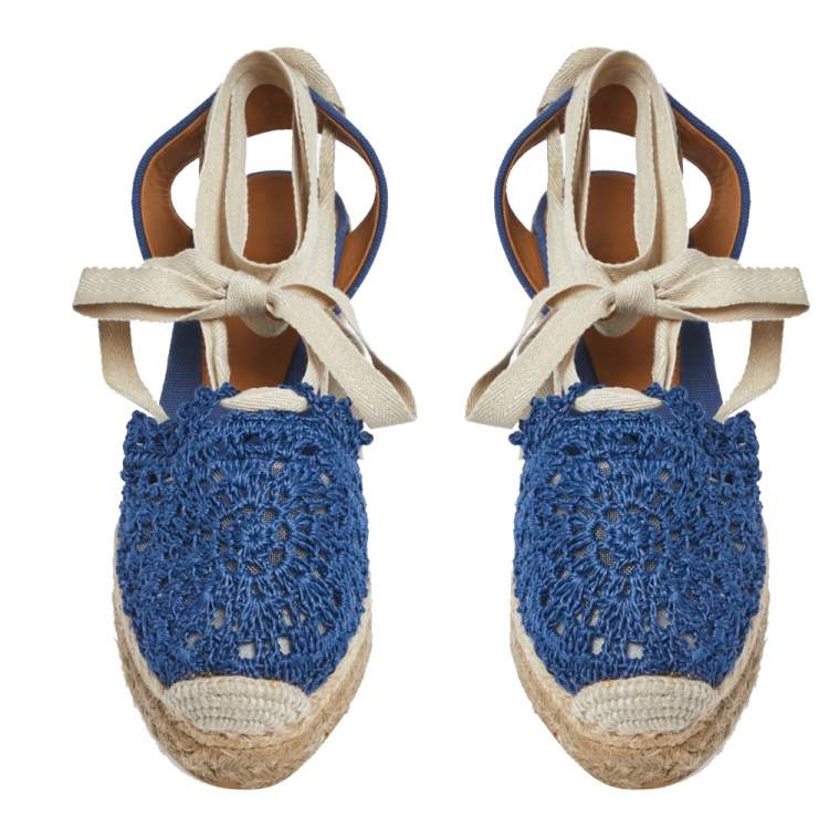 Pre Owned Ralph Lauren Blue Crochet Fabric Uma Espadrille Wedge Ankle Wrap Platform Sandals Size 38