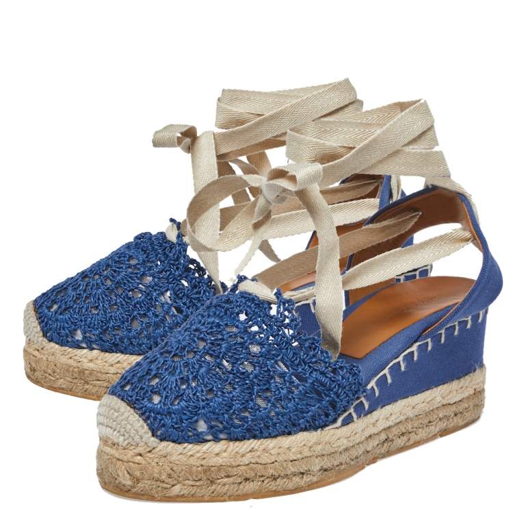 Pre Owned Ralph Lauren Blue Crochet Fabric Uma Espadrille Wedge Ankle Wrap Platform Sandals Size 38