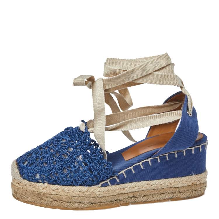 Pre Owned Ralph Lauren Blue Crochet Fabric Uma Espadrille Wedge Ankle Wrap Platform Sandals Size 38