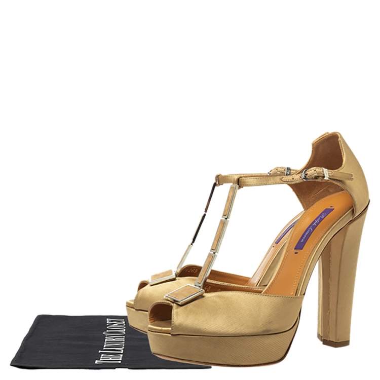 Pre Owned Ralph Lauren Beige Satin Metal  T Strap Platform Sandals Size 40