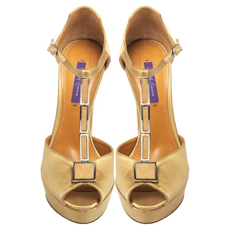 Pre Owned Ralph Lauren Beige Satin Metal  T Strap Platform Sandals Size 40
