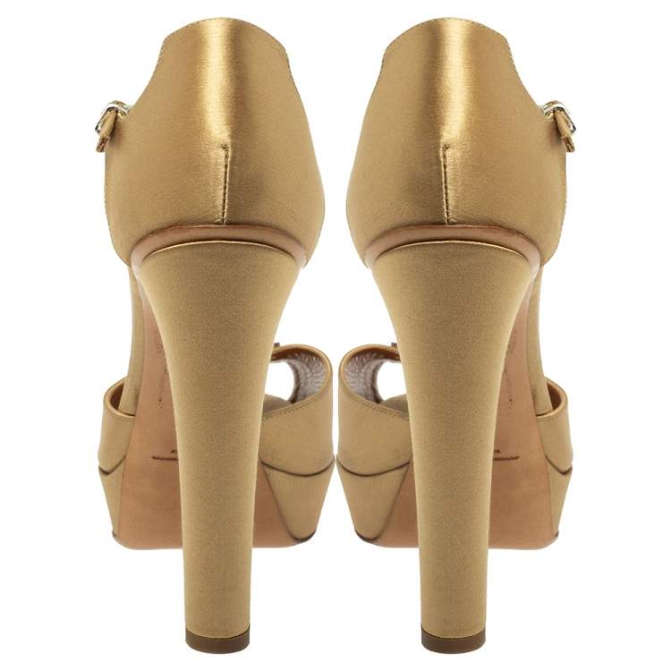 Pre Owned Ralph Lauren Beige Satin Metal  T Strap Platform Sandals Size 40