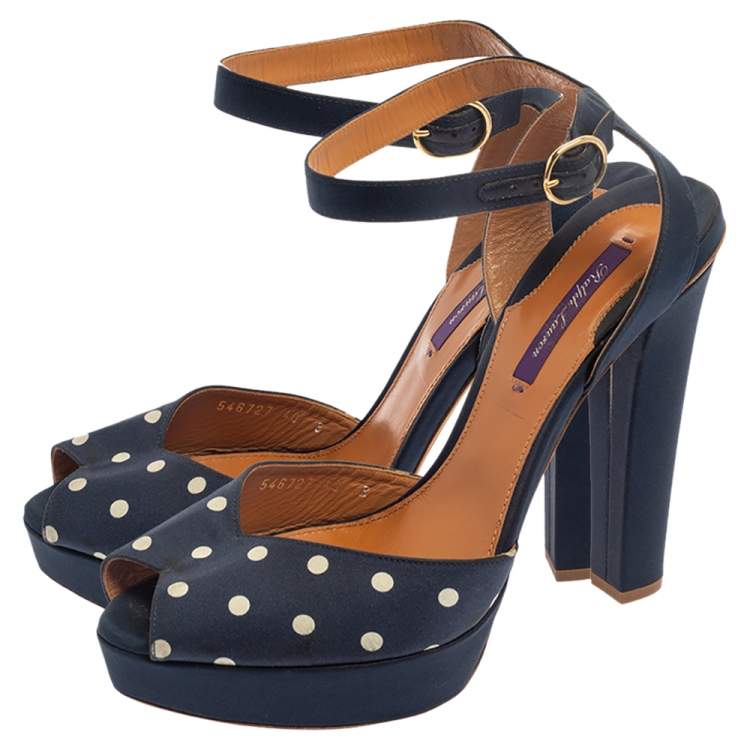 Pre Owned Ralph Lauren Blue Polka Dot Fabric Platform Ankle Strap Sandals Size 40