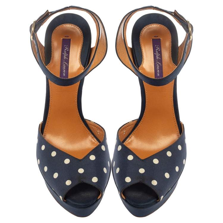 Pre Owned Ralph Lauren Blue Polka Dot Fabric Platform Ankle Strap Sandals Size 40
