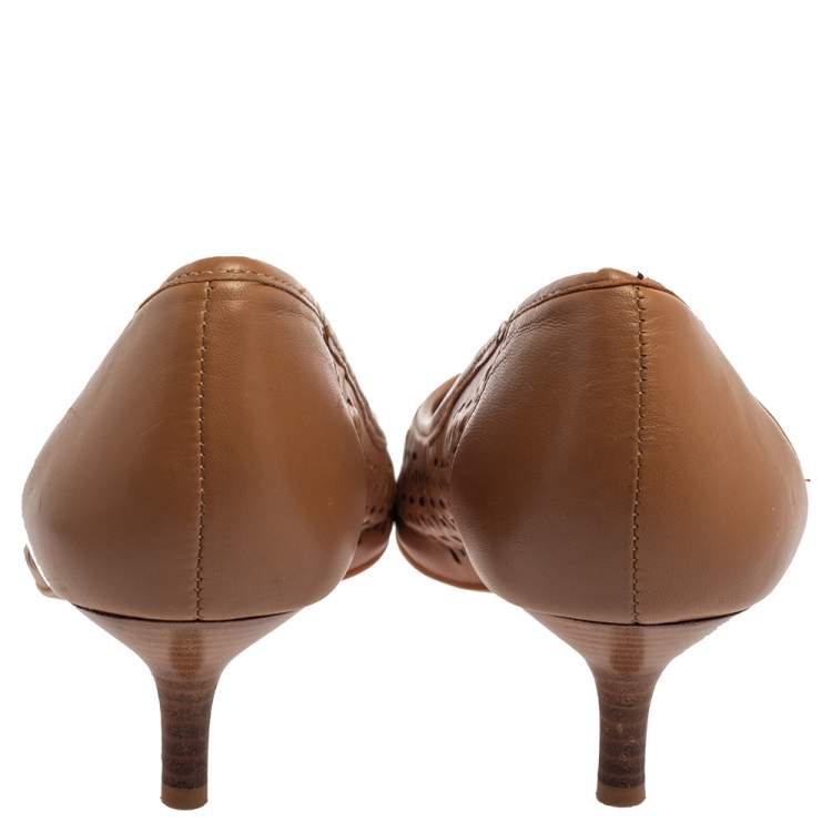 Pre Owned Ralph Lauren Brown Leather Cap-Toe Pumps Size 39.5