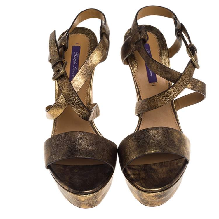 Pre Owned Ralph Lauren Two Tone Leather Estrid Platform Ankle Strap Sandals Size 39.5