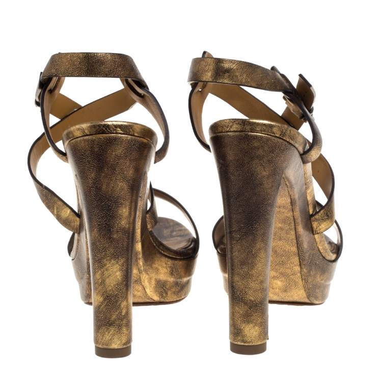 Pre Owned Ralph Lauren Two Tone Leather Estrid Platform Ankle Strap Sandals Size 39.5