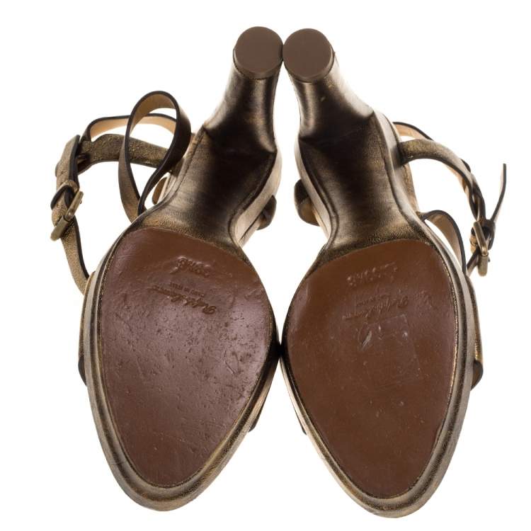 Pre Owned Ralph Lauren Two Tone Leather Estrid Platform Ankle Strap Sandals Size 39.5