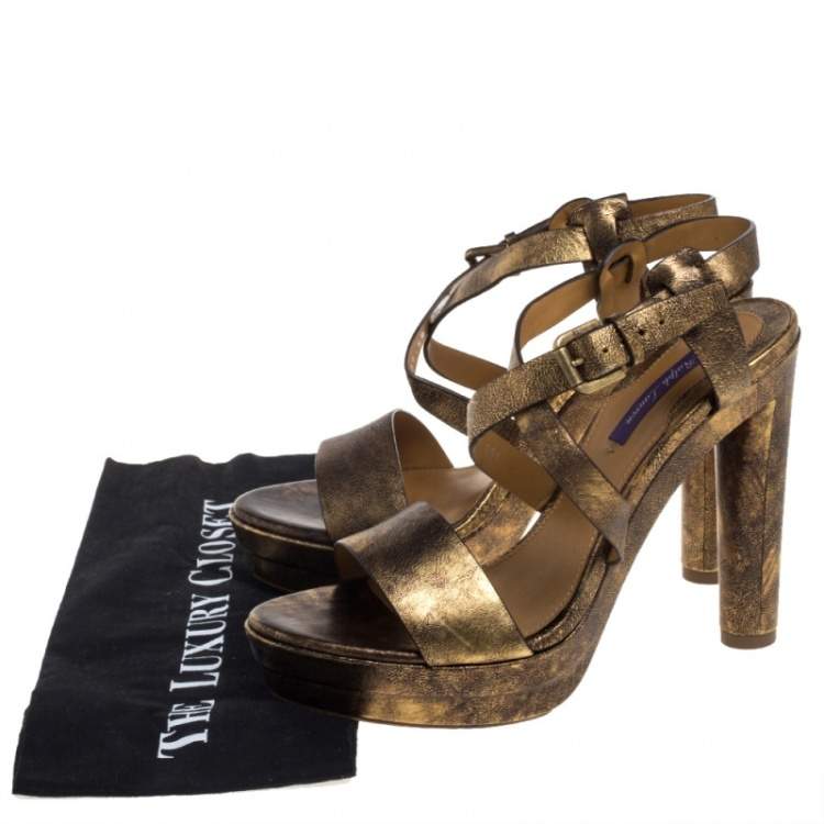 Pre Owned Ralph Lauren Two Tone Leather Estrid Platform Ankle Strap Sandals Size 39.5