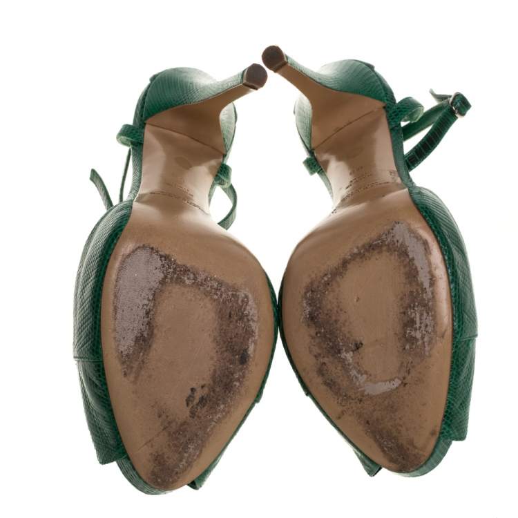Pre Owned Ralph Lauren Green Lizard Jelandra Ankle Strap Peep Toe Sandals Size 38