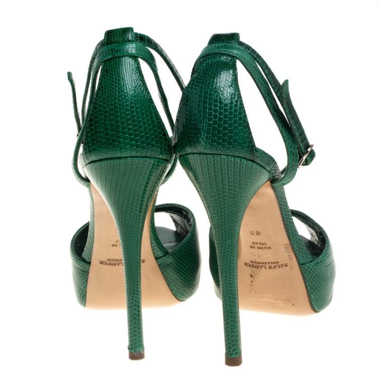 Pre Owned Ralph Lauren Green Lizard Jelandra Ankle Strap Peep Toe Sandals Size 38