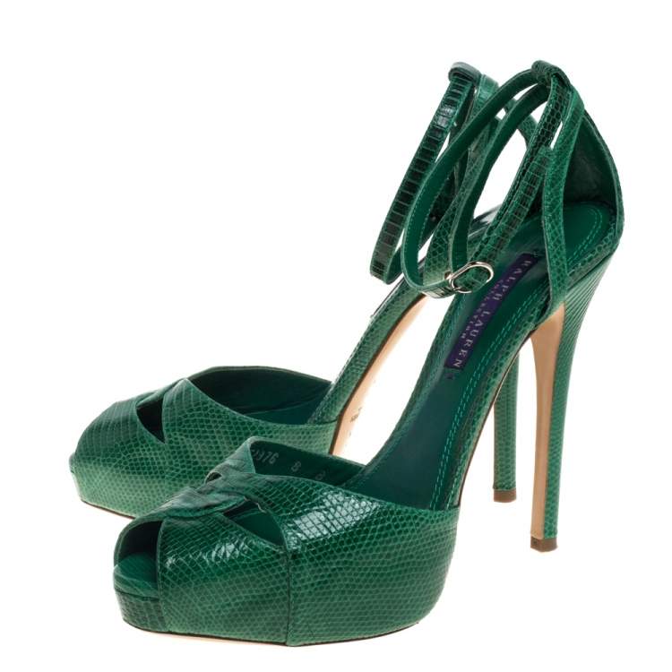 Pre Owned Ralph Lauren Green Lizard Jelandra Ankle Strap Peep Toe Sandals Size 38