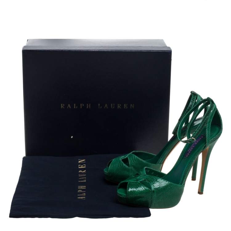 Pre Owned Ralph Lauren Green Lizard Jelandra Ankle Strap Peep Toe Sandals Size 38