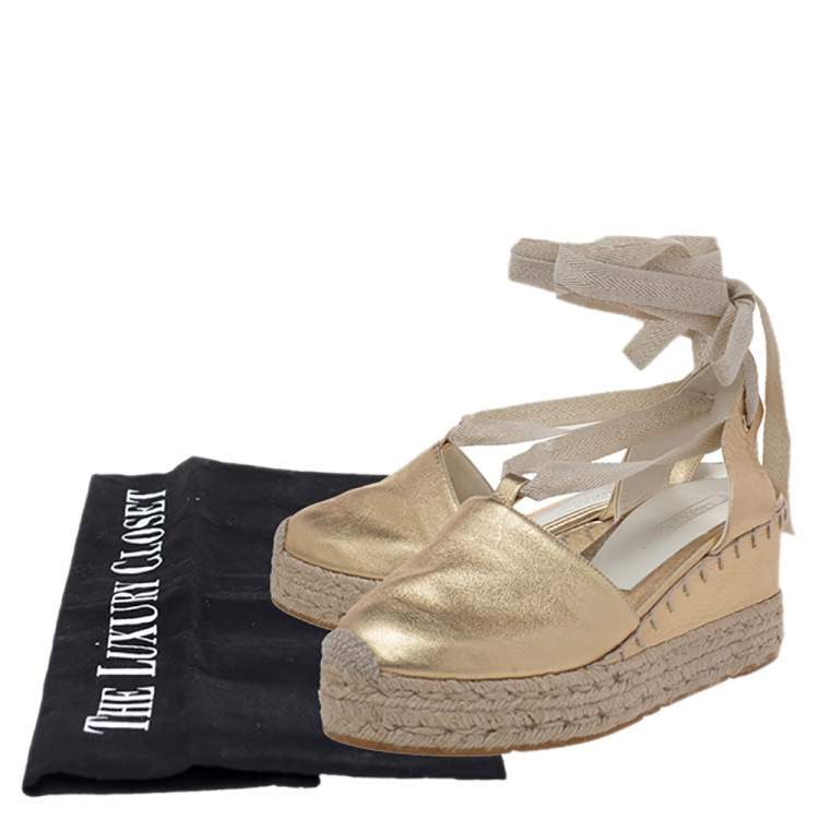 Pre Owned Ralph Lauren Gold Leather Espadrille Sandals Size 36