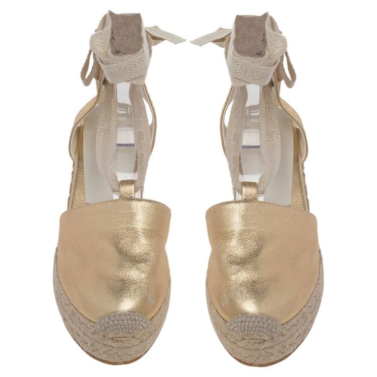 Pre Owned Ralph Lauren Gold Leather Espadrille Sandals Size 36
