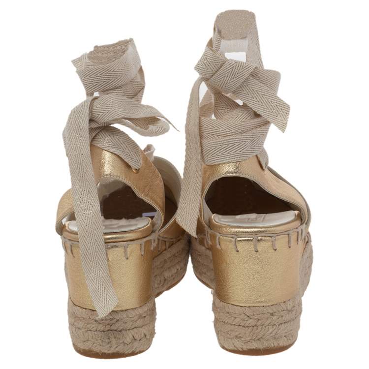 Pre Owned Ralph Lauren Gold Leather Espadrille Sandals Size 36