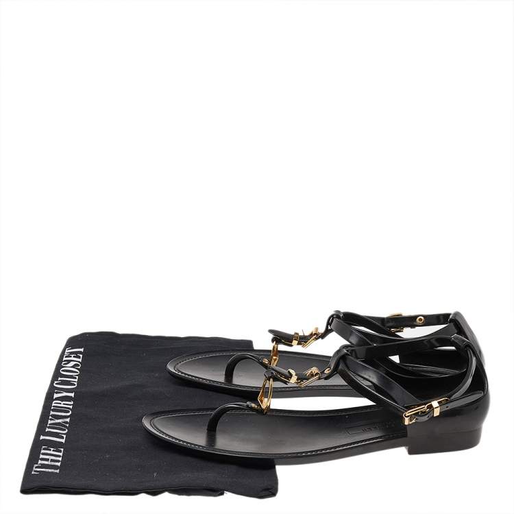 Pre Owned Ralph Lauren Black Jelly Karly Ankle Strap Thong Flat Sandals Size 38.5