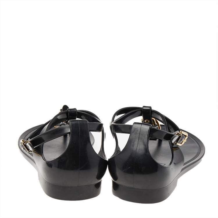 Pre Owned Ralph Lauren Black Jelly Karly Ankle Strap Thong Flat Sandals Size 38.5