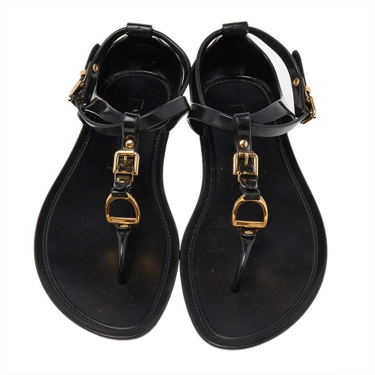Pre Owned Ralph Lauren Black Jelly Karly Ankle Strap Thong Flat Sandals Size 38.5