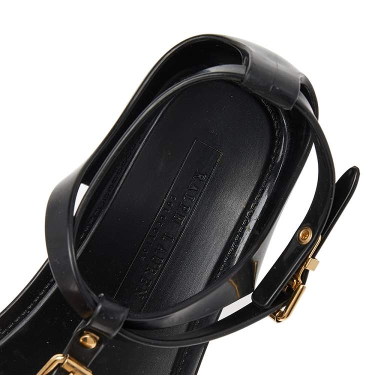 Pre Owned Ralph Lauren Black Jelly Karly Ankle Strap Thong Flat Sandals Size 38.5