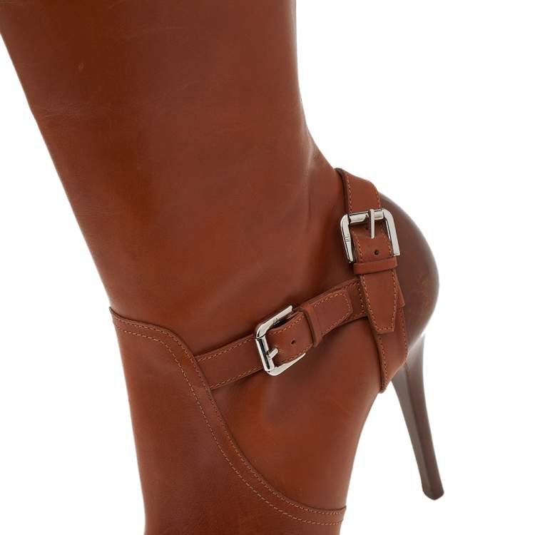 Pre Owned Ralph Lauren Tan Leather Knee Length Boots Size 38.5