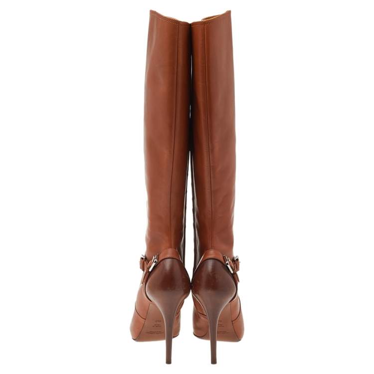 Pre Owned Ralph Lauren Tan Leather Knee Length Boots Size 38.5