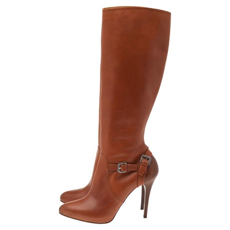 Pre Owned Ralph Lauren Tan Leather Knee Length Boots Size 38.5