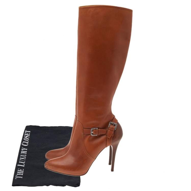 Pre Owned Ralph Lauren Tan Leather Knee Length Boots Size 38.5