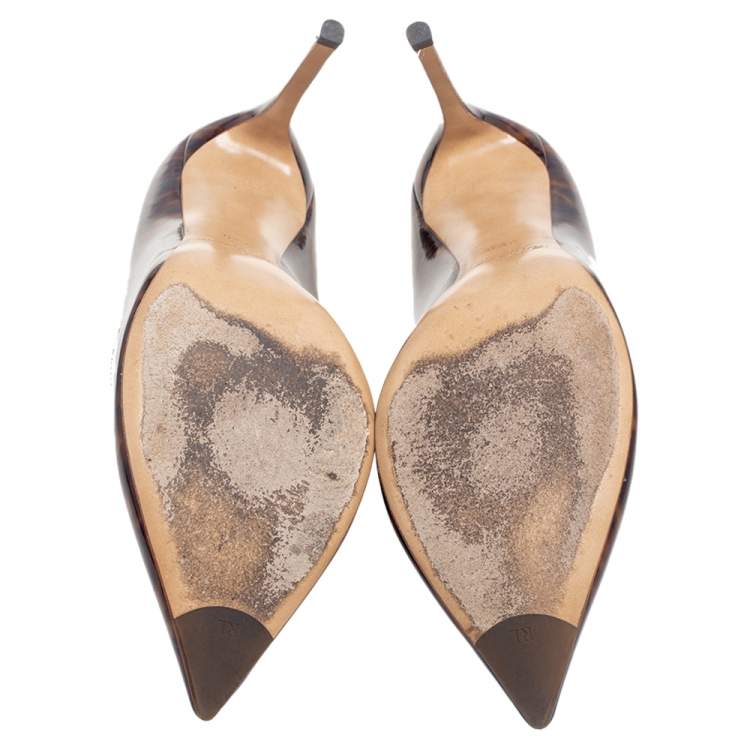 Pre Owned Ralph Lauren Brown/Yellow Tortoise Patent Leather Pointed Toe Pumps Size 39
