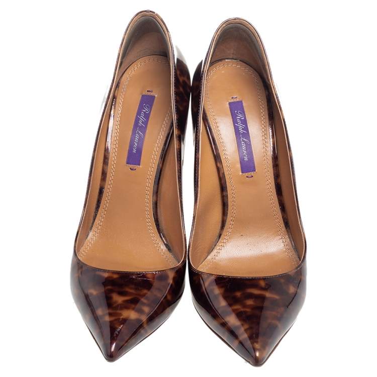 Pre Owned Ralph Lauren Brown/Yellow Tortoise Patent Leather Pointed Toe Pumps Size 39