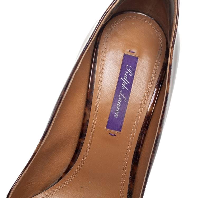 Pre Owned Ralph Lauren Brown/Yellow Tortoise Patent Leather Pointed Toe Pumps Size 39