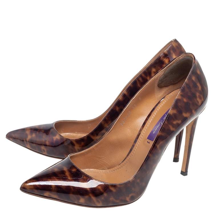 Pre Owned Ralph Lauren Brown/Yellow Tortoise Patent Leather Pointed Toe Pumps Size 39