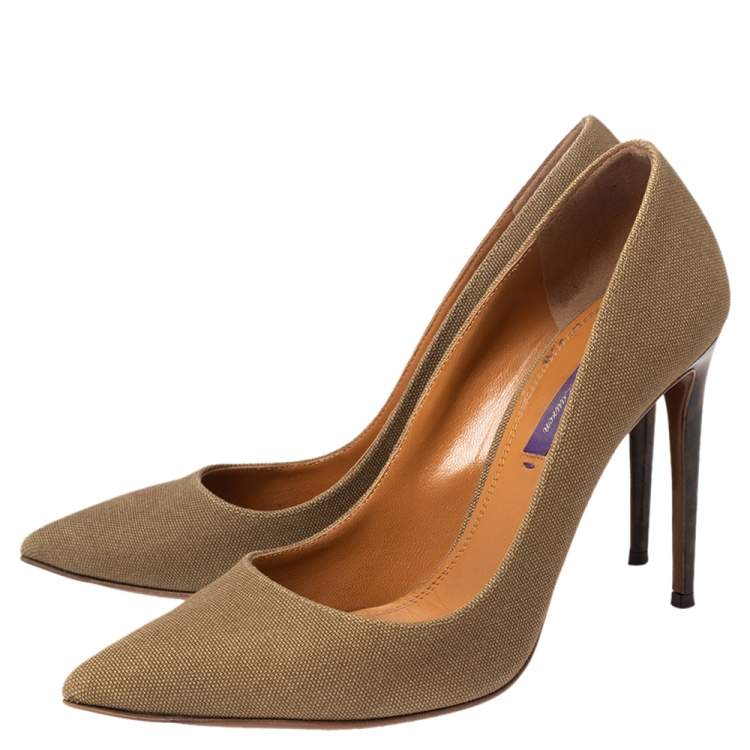 Pre Owned Ralph Lauren Olive Green Canvas Celia Pointed Toe Pumps Size 38.5